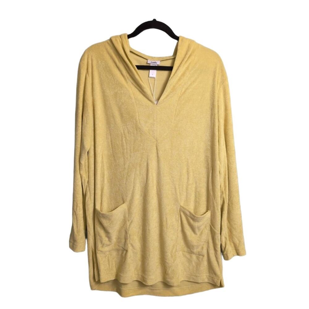 NWT Andie The Bioko Dress Honeysuckle Hooded Pockets V Neck Terry Knit Hoodie S